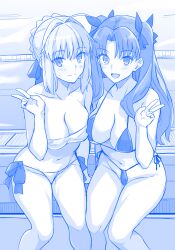 2girls :d absurdres artoria_pendragon_(fate) bikini blush braid breasts collarbone crown_braid fate/stay_night fate_(series) hair_ribbon haruhisky highres long_hair looking_at_viewer medium_breasts monochrome multiple_girls navel open_mouth ribbon saber_(fate) sidelocks sitting smile stomach swimsuit thighs two_side_up very_long_hair white_bikini