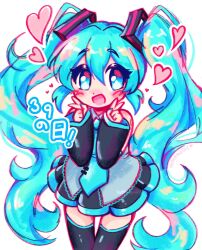 1girl 39 alt_text black_skirt black_thighhighs blue_eyes blue_hair blue_nails blue_necktie blush collared_shirt commentary double_v english_commentary grey_shirt hair_behind_ear hatsune_miku heart highres latteswiirl necktie open_mouth shirt simple_background skirt sleeveless sleeveless_shirt sleeves_past_wrists smile solo thighhighs twintails v vocaloid white_background