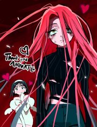2girls alien_stage anger_vein black_hair black_shirt blood bow chest_bow commentary_request dress dress_bow gloves hairband heart highres juliet_sleeves korean_commentary long_hair long_sleeves mini_wings mizi_(alien_stage) multiple_girls nosebleed off-shoulder_dress off_shoulder official_art pink_hair puffy_sleeves purple_eyes red_background ribbed_shirt second-party_source shirt short_hair sua_(alien_stage) thank_you torn_clothes torn_shirt turtleneck turtleneck_shirt very_long_hair vivinos white_bow white_dress white_gloves white_hairband white_wings wings yellow_eyes