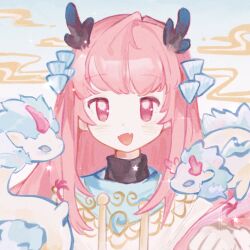 Rule 34 | 1girl, black horns, black shirt, blue background, chinese clothes, chinese commentary, commentary request, dragon, dragon horns, eastern dragon, fang, gradient background, hair ornament, hanfu, highres, horns, huizi, light blush, long hair, looking at viewer, nikki (nikki), nikki (series), open mouth, pink eyes, pink hair, second-party source, shirt, sidelocks, skin fang, small dragon, small horns, smile, smoke, solo, sparkle, straight-on, straight hair, turtleneck, turtleneck shirt, upper body, very long hair, white background, white hanfu