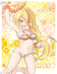 Rule 34 | 1girl, bikini, blonde hair, breasts, eyes visible through hair, hair over one eye, hair ribbon, happy birthday, highres, long hair, looking at viewer, medium breasts, multicolored hair, nikaidou saki, open mouth, orange eyes, orange hair, orange ribbon, orange scrunchie, ponytail, ribbon, scrunchie, solo, streaked hair, striped bikini, striped clothes, swimsuit, takecho, wrist scrunchie, zombie land saga