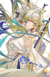1girl absurdres aqua_eyes arknights armpit_peek azha8 bare_shoulders blonde_hair blue_hair breasts chinese_clothes chinese_commentary colored_extremities commentary_request cowboy_shot detached_sleeves dizi dragon_bubble_(arknights) dress earrings eastern_dragon_horns floating_hair flute from_side gradient_hair grey_hair hair_between_eyes hair_intakes hand_up highres holding holding_flute holding_instrument instrument jewelry layered_dress long_hair looking_at_viewer multicolored_hair necklace pearl_necklace pointy_ears shu_(arknights) simple_background sleeveless sleeveless_dress small_breasts solo tassel tassel_earrings transverse_flute twitter_username white_background white_dress wide_sleeves yellow_hands