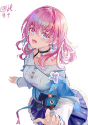 1girl absurdres artist_name ban_tang black_choker black_overskirt blue_eyes blue_jacket blue_skirt bra_strap breasts buttons camera chinese_commentary choker collarbone commentary_request earrings flower_ornament highres honkai:_star_rail honkai_(series) jacket jewelry long_sleeves looking_at_viewer march_7th_(honkai:_star_rail) march_7th_(preservation)_(honkai:_star_rail) medium_breasts medium_hair miniskirt multicolored_eyes off-shoulder_jacket off_shoulder open_mouth overskirt pink_eyes pink_hair pink_pupils pleated_skirt shirt single_earring skirt smile solo tied_jacket two-tone_eyes underbust upper_body white_background white_shirt
