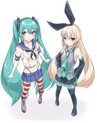 2girls animal_ears bare_shoulders black_neckerchief black_panties black_ribbon black_skirt blonde_hair blue_eyes blue_hair blue_necktie blue_sailor_collar blue_skirt blush boots breasts buttons collared_shirt commentary_request cosplay costume_switch cropped_shirt detached_sleeves double-breasted elbow_gloves from_above full_body gloves grey_shirt hair_between_eyes hair_ribbon hands_on_own_hips hatsune_miku hatsune_miku_(cosplay) highleg highleg_panties kantai_collection long_hair looking_at_viewer looking_up midriff miniskirt multiple_girls navel neckerchief necktie open_mouth panties pleated_skirt rabbit_ears ribbon sailor_collar school_uniform serafuku shimakaze_(kancolle) shimakaze_(kancolle)_(cosplay) shiratsuki_azu shirt skirt sleeveless sleeveless_shirt small_breasts smile standing striped_clothes striped_thighhighs thigh_boots thighhighs twintails underwear very_long_hair vocaloid white_gloves white_shirt wide_sleeves yellow_eyes