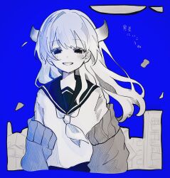 1girl arms_at_sides blue_background blush building cardigan cardigan_partially_removed cropped_torso floating_hair greyscale_with_colored_background grin half-closed_eyes highres horns isei_(iyowa) isei_ni_ikou_ne_(cevio) iyowa_girls long_hair long_sleeves looking_at_viewer neckerchief open_cardigan open_clothes ri_pi_o school_uniform serafuku simple_background skyline smile solo straight-on upper_body