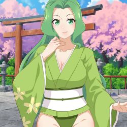 Rule 34 | 1girl, blue sky, breasts, challengia, cloud, cloudy sky, collarbone, day, green eyes, green hair, green kimono, green obi, japanese clothes, kimono, large breasts, long hair, looking at viewer, nchans, nchans style, official art, orcaleon, raychan, sky, torii, white obi
