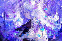 1girl ascot black_ascot blue_butterfly bug butterfly earrings floral_background flower flower_earrings frilled_shirt frills ham_melon_(iloha_24) highres insect jewelry long_sleeves mole mole_under_mouth original patterned_background puffy_long_sleeves puffy_sleeves purple_eyes purple_flower purple_hair purple_theme shirt solo upper_body veil white_shirt window wisteria