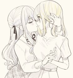 2girls bang_dream! bang_dream!_it&#039;s_mygo!!!!! black_ribbon blonde_hair blue_hair blush ccc_cloudy closed_eyes collarbone commentary hair_ribbon hashtag-only_commentary highres hips_in_air holding_hands imminent_kiss long_hair long_sleeves looking_at_another medium_hair misumi_uika multiple_girls neck_ribbon parted_lips ribbon shirt short_sleeves skirt togawa_sakiko two_side_up yuri