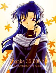 Rule 34 | 1girl, 2000s (style), 2001, bad id, blue hair, bow, commentary request, dress, falling leaves, hair bow, lea sakura, leaf, long hair, looking at viewer, lowres, maple leaf, milestone celebration, parted lips, purple dress, purple eyes, solo, sword world, upper body, white bow