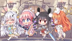 Rule 34 | 4girls, :d, :o, absurdres, angel, angel wings, animal ears, armor, armored boots, armored dress, armored gloves, arrow hair ornament, black hair, blue eyes, blunt bangs, blush, boots, bow, braid, breasts, bright pupils, character name, chibi, chibi only, colored inner hair, commentary request, dress, drill hair, dungeon, flower, flying sweatdrops, full body, fuuga himeno, game cg, hair bow, hair flower, hair ornament, halo, hand up, highres, holding, holding shield, holding sword, holding weapon, index finger raised, indoors, jitome, large breasts, long hair, looking at another, maid, maid headdress, multicolored hair, multiple girls, notice lines, official art, ogata iori, open mouth, orange hair, pink hair, pom pom (clothes), pom pom hair ornament, promotional art, purple hair, rabbit ears, red bow, red eyes, ren&#039;ai hajimemashite, shield, sideless dress, smile, star (symbol), star hair ornament, sweatdrop, sword, takahero, tareme, tenshi-chan (ren&#039;ai hajimemashite), twin braids, twin drills, two-tone hair, v-shaped eyebrows, very long hair, waking up, walking, wavy hair, weapon, white dress, white flower, white pupils, white wings, wings, yellow halo