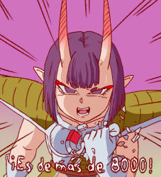 1girl alternate_skin_color bob_cut bodysuit clenched_hand commentary cosplay dragon_ball dragonball_z english_commentary fate/grand_order fate_(series) gloves hectaryecgaa highres horns it&#039;s_over_9000_(meme) meme oni open_mouth parody pointy_ears purple_eyes purple_hair saiyan_armor scene_reference scouter serious short_hair shuten_douji_(fate) solo spanish_text sweat teeth toriyama_akira_(style) v-shaped_eyebrows vegeta vegeta_(cosplay) white_gloves