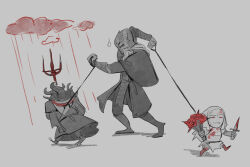 Rule 34 | 3boys, :3, arm up, asymmetrical horns, black capelet, black pants, black robe, blood, blood on clothes, bloody weapon, bouquet, bracer, capelet, chibi, cloud, commentary, dagger, elden ring, elden ring: shadow of the erdtree, english commentary, flower, full body, grey background, grey hair, hand up, helmet, highres, holding, holding bouquet, holding dagger, holding knife, holding leash, holding weapon, horns, knife, leash, long hair, long sleeves, male focus, mask, mohg lord of blood, multiple boys, pants, polearm, rain, robe, shirt, simple background, sir ansbach, standing, trident, weapon, weirdundead, white-faced varre, white shirt