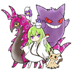 1boy barefoot commentary_request creatures_(company) crossover drifloon enkidu_(fate) fate/grand_order fate_(series) game_freak gen_1_pokemon gen_4_pokemon gen_5_pokemon gen_6_pokemon gen_7_pokemon gengar green_hair holding holding_poke_ball kingu_(fate) legendary_pokemon litwick long_hair male_focus mimikyu nintendo on_head pants poke_ball poke_ball_(basic) pokemon pokemon_(creature) pokemon_on_head purple_eyes robe scolipede v-shaped_eyebrows very_long_hair white_pants white_robe yoyo_9ea zygarde zygarde_core