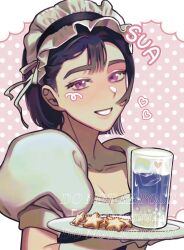 1girl alien_stage black_hair character_name commentary cookie drink english_commentary food highres holding holding_tray maid maid_headdress nesheesuu2 official_alternate_costume pink_background polka_dot polka_dot_background puffy_short_sleeves puffy_sleeves purple_eyes short_hair short_sleeves smile solo sua_(alien_stage) tray watermark white_sleeves