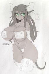 1girl animal_ears artist_name bikini black_hair breasts character_name closed_mouth cow_ears cow_horns cow_tail cropped_legs curvy elbow_gloves eyelashes gloves green_eyes highres horns huge_breasts long_hair navel original peakedcomedy solo swimsuit tail thighhighs white_background white_bikini white_gloves white_thighhighs