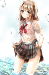 1girl ayachanman blush bra_visible_through_clothes breasts brown_eyes brown_hair closed_mouth collared_shirt commentary_request highres isshiki_iroha looking_at_viewer medium_hair miniskirt neck_ribbon plaid_clothes plaid_skirt pleated_skirt red_ribbon ribbon school_uniform see-through_clothes shirt shirt_tucked_in short_sleeves skirt skirt_hold sky small_breasts sobu_high_school_uniform solo standing summer_uniform thighs wading water water_drop wet wet_clothes wet_shirt white_shirt yahari_ore_no_seishun_lovecome_wa_machigatteiru.