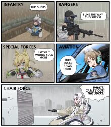 5girls animal_ears assault_rifle biting_another blonde_hair blue_archive commentary controller english_commentary english_text flood fox_ears gun headset henshako highres himari_(blue_archive) holding holding_gun holding_remote_control holding_weapon kurumi_(blue_archive) left-to-right_manga mixed-language_commentary moe_(blue_archive) multilingual_commentary multiple_girls no_halo pointy_ears rabbit_platoon_(blue_archive) rain remote_control rifle saki_(blue_archive) sandbag saori_(blue_archive) sig_516 snake speech_bubble trench unit_patch watching_television weapon x_x