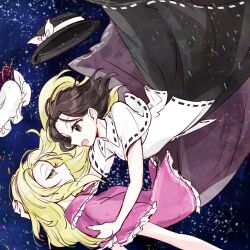 Rule 34 | 2girls, black skirt, blonde hair, brown eyes, brown hair, closing eyes, falling, fedora, feet out of frame, frilled skirt, frilled sleeves, frills, hat, highres, holding, long hair, maribel hearn, mob cap, multiple girls, pink shirt, purple eyes, purple skirt, shirt, short hair, short sleeves, skirt, space, taboo japan disentanglement, tama (hiroshige 36), touhou, unworn headwear, upper body, usami renko, white shirt, wind