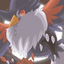 animal_focus bird chest_tuft closed_mouth commentary crow english_commentary fluffy gen_4_pokemon glowing glowing_eyes honchkrow incoming_attack jaggy_lines lowres nintendo no_humans oekaki pokemon pokemon_(creature) red_eyes solo spiffychicken spread_wings talons turning_head vignetting