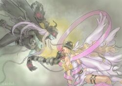 2girls absurdres angel angel_and_devil angewomon bare_shoulders black_bodysuit blonde_hair blue_skin bodysuit boobplate breastplate breasts chain cleavage clothing_cutout colored_skin covered_eyes demon_girl digimon digimon_(creature) grey_hair helmet helmet_over_eyes highres hip_vent ladydevimon large_breasts long_hair looking_at_another multiple_girls nakeisdead o-ring pink_ribbon ribbon stomach_cutout white_bodysuit white_wings wings yuri
