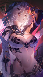 Rule 34 | 1girl, absurdres, arm armor, body markings, breasts, cleavage, closed mouth, colored eyelashes, commentary request, cowboy shot, erdos helia, erdos helia (planar armament: warped spacetime), facial mark, hair ornament, hand in own hair, highres, honkai (series), honkai impact 3rd, jiu dao fan yin, long hair, looking at viewer, medium breasts, navel, red pupils, solo, stomach, white eyelashes, white hair, yellow eyes