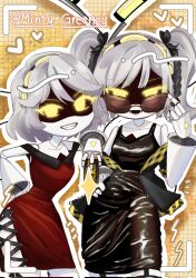 Rule 34 | 2girls, android, armband, black jacket, grey hair, hairband, highres, j (murder drones), jacket, long hair, looking at viewer, mechanical arms, minty greenzy, multiple girls, murder drones, open mouth, short hair, short sleeves, simple background, smile, v (murder drones), white hair, yellow eyes