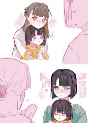 3girls black_hair blunt_bangs blunt_ends blush bob_cut braid brown_hair center-flap_bangs child closed_mouth commentary family flower_knot flying_sweatdrops frown green_eyes green_sweater half-closed_eyes half_up_braid highres hood hoodie if_they_mated jitome kachimachi_kosuzu link!_like!_love_live! long_hair long_sleeves looking_at_another love_live! momose_ginko mother_and_daughter multiple_girls nose_blush pink_eyes pipi_(m1x_mix) pleading_eyes raised_inner_eyebrows science_babies shirt short_eyebrows short_hair sleeves_past_wrists sparkle sweat sweater symbol-only_commentary thick_eyebrows translation_request v-shaped_eyebrows virtual_youtuber white_shirt yellow_hoodie