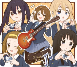 5girls :d :o ;d akiyama_mio artist_name black_eyes black_hair black_pantyhose blazer blonde_hair blue_eyes blue_jacket border brown_eyes brown_hair collared_shirt commentary_request forehead furuya_ame grey_skirt guitar hair_ornament hairband hairclip heart heart_hands highres hirasawa_yui ho-kago_tea_time holding holding_guitar holding_instrument instrument jacket k-on! kotobuki_tsumugi long_hair long_sleeves multiple_girls nakano_azusa neck_ribbon one_eye_closed open_mouth orange_background outside_border pantyhose parted_lips pleated_skirt ribbon sakuragaoka_high_school_uniform school_uniform shirt shoes short_hair skirt smile tainaka_ritsu teeth thick_eyebrows tongue twintails twitter_username upper_teeth_only uwabaki watermark white_border white_footwear white_shirt winter_uniform yellow_hairband