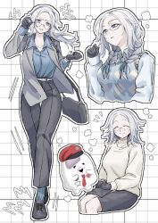 1girl alternate_costume aotsuki_eito bag beret black_gloves black_pants black_shoes black_skirt blue_eyes blue_ribbon blue_shirt blue_socks braid closed_mouth collarbone female_focus frown full_body genderswap genderswap_(mtf) glasses gloves grey_jacket hair_ribbon hand_up handbag hands_up hat heart highres jacket long_hair long_sleeves looking_at_viewer mascot necktie nigou_(hundred_line) open_mouth pants parted_hair ribbon shirt shoes sitting skirt smile socks standing star_(symbol) teeth the_hundred_line_-last_defense_academy- twin_braids white_background white_hair white_shirt