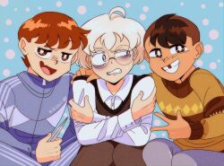 3boys annoyed anton_petrov arm_hug bad_link black_hair brown_hair byasha friends holding holding_knife jersey knife looking_at_viewer male_focus missing_tooth multiple_boys naughty_face roma_pyatifanov smile tiny_bunny tiny_bunny_(horror_visual_novel) white_hair