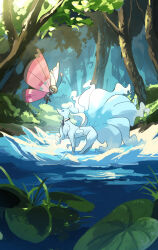 alolan_form alolan_ninetales antennae black_bow black_eyes blue_eyes bow closed_mouth commentary cryokinesis detached_collar flying forest from_side gen_6_pokemon gen_7_pokemon highres ice leaf light_rays looking_at_another multiple_tails nature nintendo no_humans open_mouth pokemon pokemon_(creature) pond smile sunbeam sunlight tail tree vivillon vivillon_(meadow) water yamaori_(hakkentai_pokedan)