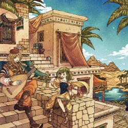 1boy 1girl armor bard_(final_fantasy) blonde_hair blue_shirt brick_wall cape child city closed_eyes crossed_legs earrings edward_chris_von_muir final_fantasy final_fantasy_iv full_body green_hair hair_ornament hat hat_feather highres holding holding_instrument instrument jewelry long_hair lute_(instrument) medium_hair music open_mouth orange_pants palm_tree pants red_hat rydia_(ff4) rydia_(young)_(ff4) sand_dune sandals scarf shirt shoulder_armor singing skirt stairs star_(symbol) star_earrings stone_stairs striped_clothes striped_scarf toriga tree yellow_cape yellow_skirt