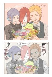 1girl 2boys alternate_costume alternate_hairstyle annoyed blush bouquet closed_eyes closed_mouth dress flower hair_flower hair_ornament happy_birthday highres holding holding_bouquet konan_(naruto) looking_at_viewer makeup meitarou multiple_boys nagato_(naruto) naruto_(series) naruto_shippuuden orange_hair purple_hair red_hair rinnegan shirt spiked_hair stuffed_animal stuffed_frog stuffed_toy sunflower yahiko_(naruto)