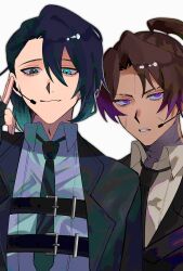 2boys aqua_eyes black_coat black_gloves black_hair black_jacket black_necktie brown_hair chest_belt closed_mouth coat collared_shirt fingerless_gloves full-stop_office_(identity)_(project_moon) gloves grey_eyes grey_shirt hand_on_headset headset heathcliff_(project_moon) heterochromia high_ponytail highres hong_lu_(project_moon) jacket limbus_company long_hair looking_at_viewer male_focus miriot_04 multiple_boys necktie ponytail project_moon purple_eyes scar scar_on_face scar_on_neck shirt simple_background smile upper_body white_background white_shirt