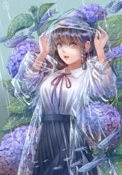 1girl absurdres braid breasts coat cowboy_shot fish flower grey_skirt highres hood hood_up hydrangea lenta long_hair long_sleeves looking_at_viewer medium_breasts neck_ribbon open_clothes open_coat original parted_lips plant pleated_skirt purple_flower rain raincoat ribbon see-through_clothes see-through_raincoat shirt side_braid skirt solo wet white_shirt