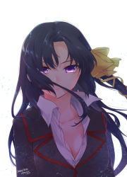 Rule 34 | 1girl, black hair, breasts, cleavage, female focus, hair ribbon, kurugaya yuiko, little busters!, long hair, looking at viewer, medium breasts, misaki juri, open clothes, purple eyes, ribbon, school uniform, simple background, solo, upper body, white background