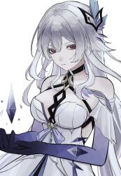 Rule 34 | 1girl, bare shoulders, breasts, bug, butterfly, butterfly hair ornament, closed mouth, detached sleeves, dress, genshin impact, gloves, grey hair, hair between eyes, hair ornament, highres, insect, long hair, looking at viewer, red eyes, shirayuki (shi rayu ki), simple background, skirk (genshin impact), solo, upper body, very long hair, white background, white dress