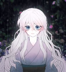 Rule 34 | 1girl, absurdres, blue eyes, crying, crying with eyes open, daki (kimetsu no yaiba), flower, highres, japanese clothes, kimetsu no yaiba, kimono, long hair, long sleeves, looking at viewer, obi, purple flower, purple kimono, purple rose, rain, rand (user cpvm2834), rose, sash, solo, tears, upper body, wavy hair, white hair