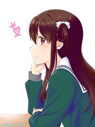 1girl 22/7 arm_on_table artist_name braid braided_hair_rings brown_eyes brown_hair elbow_on_table from_side green_shirt hair_ribbon hair_rings hand_on_own_cheek hand_on_own_face heart highres long_hair long_sleeves looking_at_viewer nanairo_(nanairo227) ribbon rokubanchou_school_uniform sailor_collar school_uniform serafuku shirt simple_background solo tachikawa_ayaka twin_braids two_side_up upper_body white_background white_ribbon white_sailor_collar winter_uniform