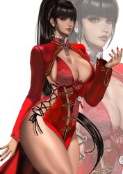1girl black_hair blunt_bangs breasts brown_eyes chinese_clothes cleavage commentary earrings eve_(stellar_blade) highres jewelry kittymiya large_breasts long_hair looking_at_viewer ponytail red_nails shrug_(clothing) solo stellar_blade thighs very_long_hair zoom_layer
