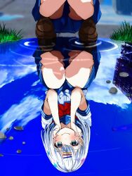 blue_eyes blue_sailor_collar blue_skirt blue_sky brown_shoes closed_mouth cloud commentary elbow_rest grass hair_ornament hairclip hands_on_own_cheeks hands_on_own_face head_rest highres loafers looking_at_viewer neckerchief original outdoors pebble puddle red_neckerchief reflection reflective_water ripples sailor_collar school_uniform serafuku shirt shoes skirt sky smile upside-down water white_hair white_shirt yuruko_(yuruligon) yuruligon