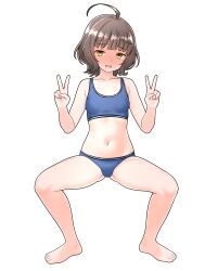 1girl absurdres ahoge blue_panties blue_sports_bra blunt_bangs commentary_request commission cowboy_shot double_v full_body furaggu_(frag_0416) highres kantai_collection kishinami_(kancolle) navel panties pixiv_commission short_hair simple_background solo sports_bra squatting standing stomach thighs underwear v variant_set white_background yellow_eyes