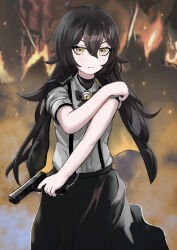 1girl absurdres ahoge bare_arms black_bow black_bowtie black_hair black_jacket black_suspenders blow_bow bow bowtie breasts dimensionless88 fiery_background fire frills grimmi_(vtuber) gun hair_between_eyes handgun highres indie_virtual_youtuber jacket jacket_on_shoulders long_hair petite ringed_eyes serious shirt sidelocks skirt sleeves_rolled_up small_breasts solo suspender_skirt suspenders very_long_hair virtual_youtuber weapon white_shirt yellow_eyes