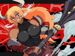 &gt;:) 1girl abs armor black_leotard breasts cow_girl gauntlets glaring grin hair_between_eyes heavy_breathing highres holding holding_mace holding_weapon huge_weapon large_breasts large_horns leotard long_hair looking_at_viewer mace nuuuuuusi06 open_mouth orange_hair original pauldrons red_eyes red_skirt shoulder_armor single_pauldron skirt smile smoke smoke_trail solo teeth toned toned_female torn_clothes torn_leotard v-shaped_eyebrows weapon