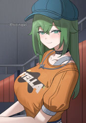 1girl absurdres bibitapel black_choker blue_hat blush breasts choker commentary green_eyes green_hair hair_between_eyes hat highres jewelry large_breasts long_hair looking_at_viewer mole mole_under_eye necklace official_alternate_costume orange_shirt shirt smile star_(symbol) star_necklace upper_body venus_(zenless_zone_zero) zenless_zone_zero