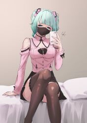 1girl absurdres alt_text bare_shoulders black_bow black_mask black_panties black_ribbon black_skirt blue_eyes bow breasts cellphone cleavage_cutout clothing_cutout commentary cross-laced_clothes english_commentary green_hair hair_bow highres holding holding_phone indie_virtual_youtuber indoors jirai_kei knees_together_feet_apart lace lace-trimmed_thighhighs lace_trim long_sleeves mandarin_collar mask medium_breasts mint_fantome mouth_mask on_bed panties phone pink_bow pink_shirt ribbon selfie shirt shoulder_cutout sidelocks signature sitting skirt smartphone solo syxh thighhighs twintails underwear upskirt virtual_youtuber