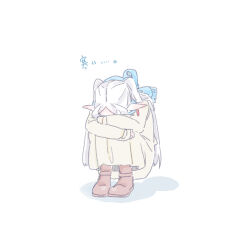 1girl absurdres blue_scarf boots brown_boots brown_dress dress earrings elf frieren fringe_trim full_body highres hugging_own_legs jewelry long_hair long_sleeves pointy_ears scarf seila_rei shadow simple_background sleeves_past_wrists solo sousou_no_frieren squatting translation_request twintails very_long_hair white_background white_hair