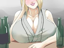 1girl alcohol artist_request blonde_hair blush blushing_female bottle breasts cleavage drunk facing_viewer female_focus hokage huge_breasts lipstick makeup mature_female naruto naruto_(series) naruto_shippuuden sake sake_bottle seducing_viewer seductive_gaze seductive_smile smile smirk table tsunade_(naruto)