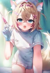 1girl :3 :d alternate_costume animal_ears bandaid bandaid_hair_ornament blonde_hair blue_eyes blue_gloves breasts covered_navel crossed_bangs dog_ears dog_girl dog_tail double-parted_bangs dress fangs gloves hair_between_eyes hair_intakes hair_ornament hairband hand_up hat highres holding holding_syringe hololive hololive_english horn_hairband looking_at_viewer maru_ccy mococo_abyssgard multicolored_hair name_tag nurse nurse_cap open_mouth pink_hair pink_hairband short_dress short_hair short_sleeves skin_fangs small_breasts smile solo streaked_hair syringe tail thigh_gap two_side_up virtual_youtuber white_dress x_hair_ornament