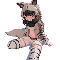 1girl animal_print black_bow black_bowtie black_hair black_jacket black_sleeves black_thighhighs blush bow bowtie brown_eyes crop_top cutoffs extra_ears hair_between_eyes highres hyena_ears hyena_girl hyena_tail jacket kemono_friends kemono_friends_3 long_hair long_sleeves looking_at_viewer mcgunngu midriff multicolored_hair multicolored_jacket navel open_clothes open_jacket open_mouth print_jacket print_sleeves print_thighhighs shirt short_sleeves shorts sidelocks sitting solo striped_clothes striped_hyena_(kemono_friends) striped_jacket striped_shorts striped_sleeves thighhighs two-tone_hair two-tone_jacket two-tone_sleeves two-tone_thighhighs white_hair white_jacket white_shirt white_shorts white_sleeves white_thighhighs zettai_ryouiki